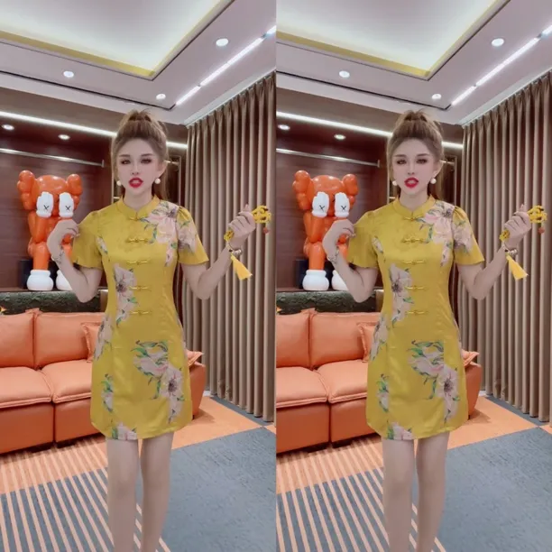 新中式重工雕花盘扣短袖收腰夏季旗袍连衣裙