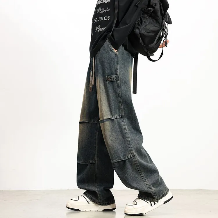 美式高街褶皱工装牛仔裤男士春秋季新款潮牌宽松直筒阔腿休闲裤子