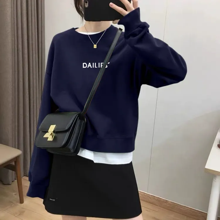 假两件圆领套头短款卫衣女加绒加厚秋冬上衣宽松小个子春秋薄款
