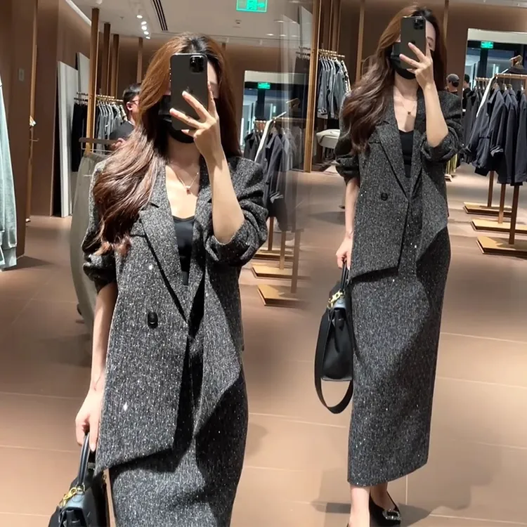 拉夏贝尔2025春秋新款女士小香风洋气显瘦西服外套半身裙两件套潮