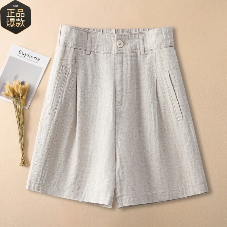 抗皱天丝亚麻短裤女2025夏季薄款新款高腰后松紧垂感棉麻五分裤