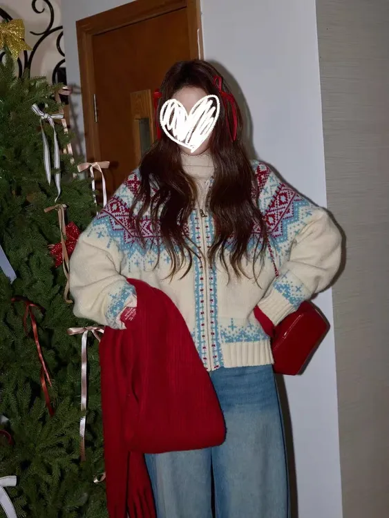 甜粿妹妹米色费尔岛开衫连帽圣诞毛衣外套女加厚毛衫上衣长袖