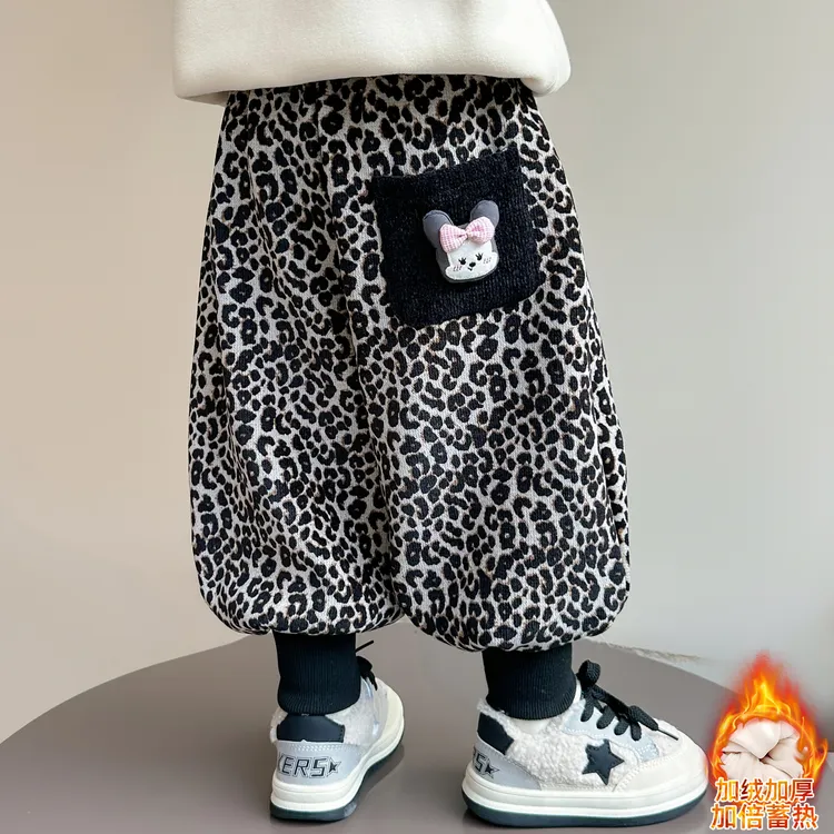 女童加绒裤子秋冬2025新款儿童装冬季一体绒豹纹女宝宝宽松休闲裤