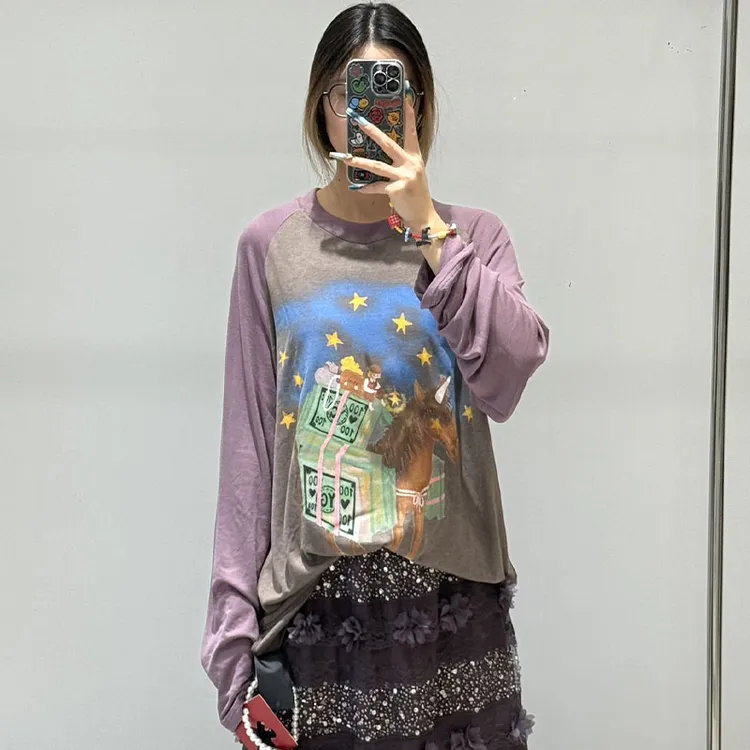 【现货】YANAG 26春设计师新款马上有钱插肩长袖T恤