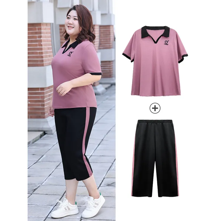 25年夏季时尚大码一整套穿搭收腰翻领拼接短袖条纹直筒七分裤套装