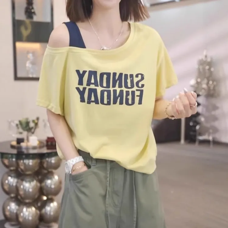 慵懒风宽松露肩上衣2025夏季薄款胖MM大码女装印花斜肩短袖T恤潮