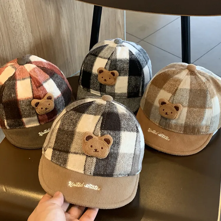 宝宝帽子秋冬季新款可爱小熊婴儿软檐鸭舌帽保暖毛呢男女童棒球帽