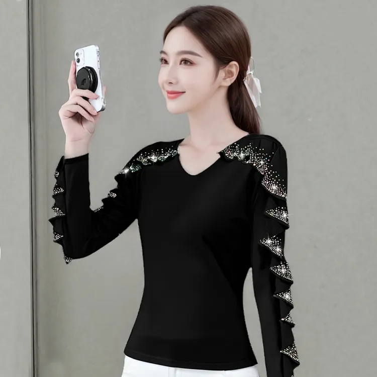新款春夏烫钻上衣女款长袖春秋修身亮片跳舞衣服表演服时尚成人
