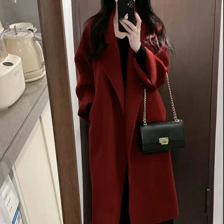 双面绒大衣双面毛呢外套宽松系带浴袍长款秋冬羊毛加厚9859