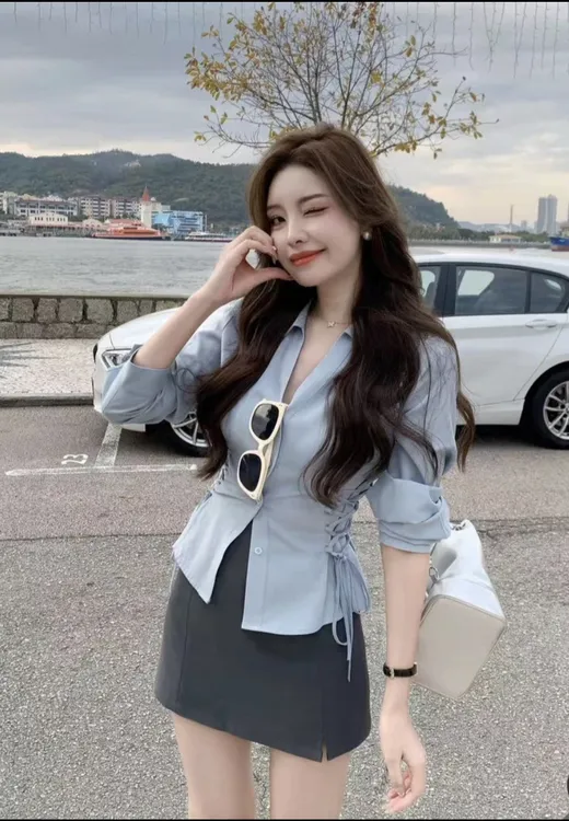 2025春季新款韩系气质翻领收腰衬衫高腰短裙套装