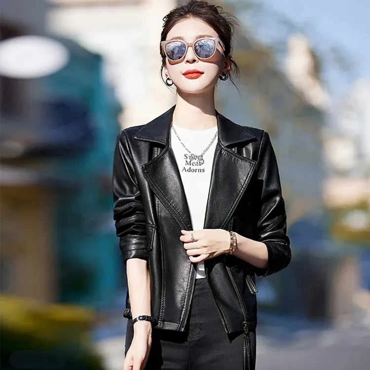 海宁皮衣女短款2025春季新款修身显瘦气质机车皮衣短款矮个子外套