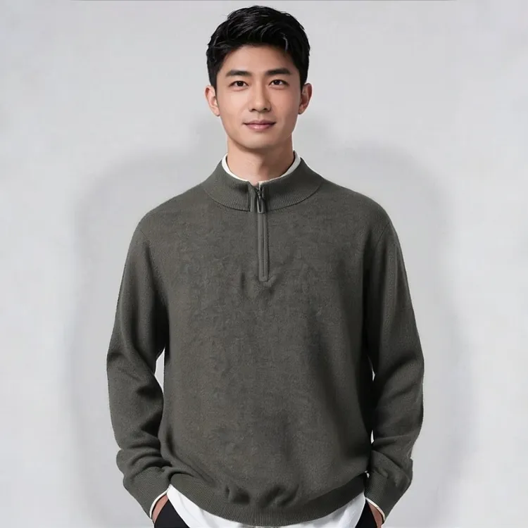 【不议价】男士加厚款半高领半拉链羊绒套衫针织时尚百搭套头纯色