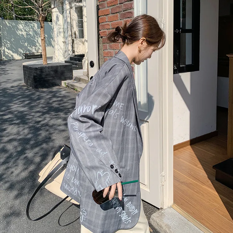 长袖百搭气质印花西装韩版时尚女英伦风上衣春秋新款休闲上衣