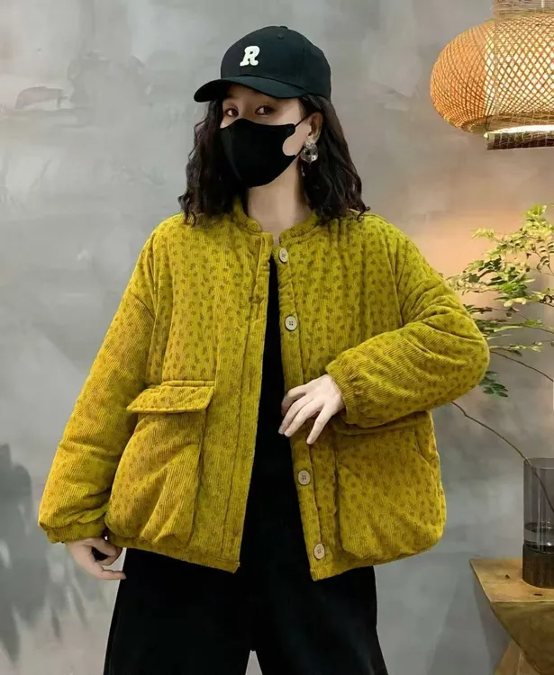 灯芯绒扎染保暖圆领女ins冬季长袖棉衣棉服韩版女装短外套加绒