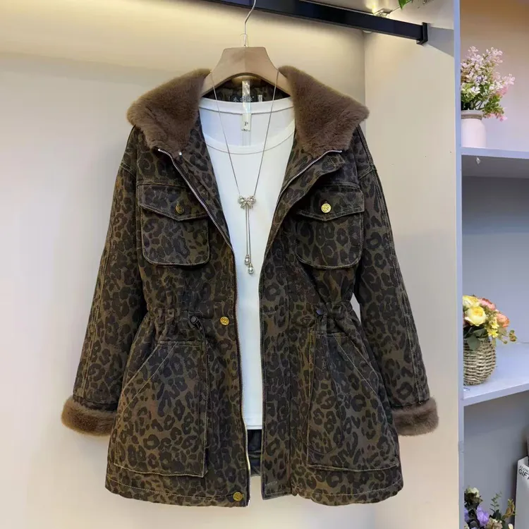 加绒加厚款厚款森系女拉链外套单排扣连帽豹纹2025