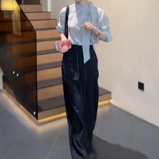 ZHIO简约条纹飘带设计感长袖上衣衬衫女早春新款气质百搭时尚通M3