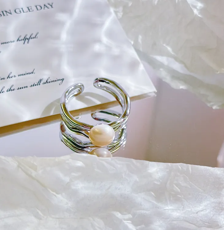 合金仿珍珠戒指 ins风肌理感银色珍珠戒指开口可调节轻奢时尚女