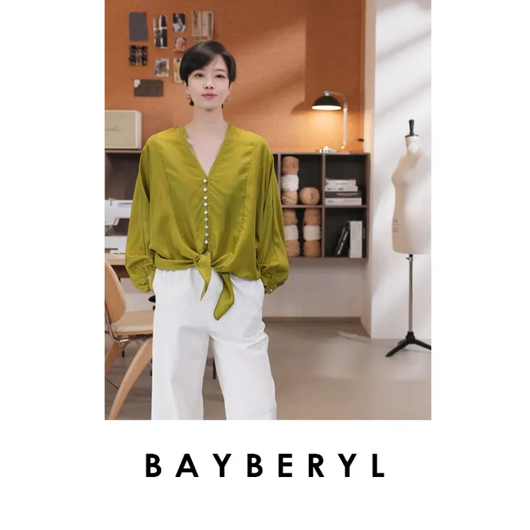 停售-BAYBERYL老贝风吟*绿系带连肩蝙蝠袖显白气质衬衫9NCY5G1148