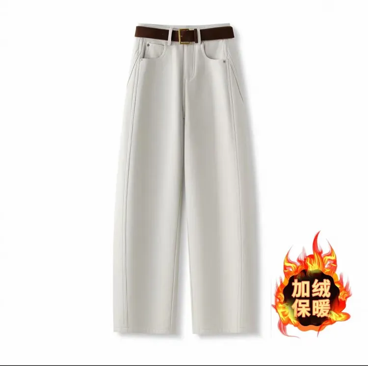 秋冬白色窄版阔腿裤加绒牛仔裤直筒休闲裤长裤
