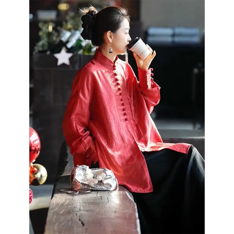 新中式国风盘扣中长款衬衫女欧洲站2025春季新款气质百搭纯色上衣