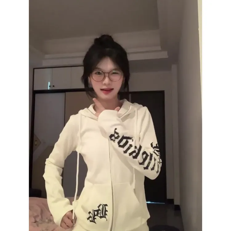 原版双拉链头 哥特风字母印花收腰显瘦短款外套秋季辣妹修身连帽