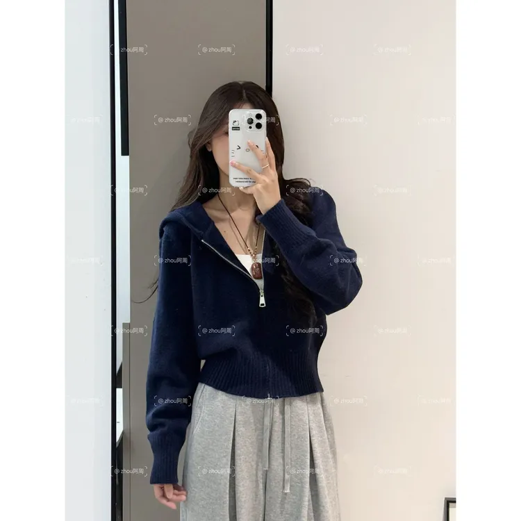 许我耀眼赵露思许妍同款藏蓝色短款拉链外套超好看连帽针织上衣女