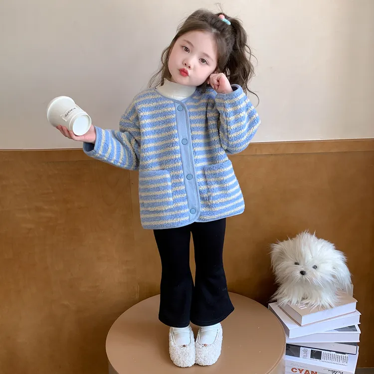 女童毛毛衣秋冬季2025新款儿童加绒保暖加厚外套宝宝韩版条纹上衣