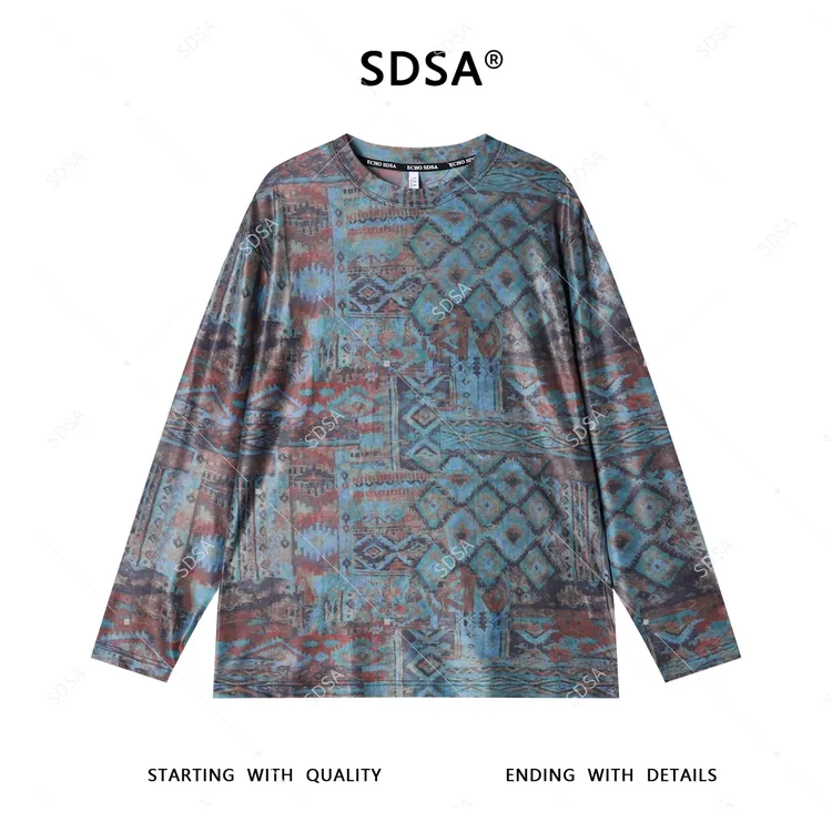 SDSA夏季新款男士痞帅复古菱形图案设计小众圆领长袖T恤休闲简约