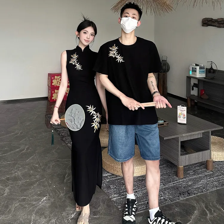 情侣装夏季中国风刺绣收腰改良旗袍连衣裙时尚港风黑色宽松短袖