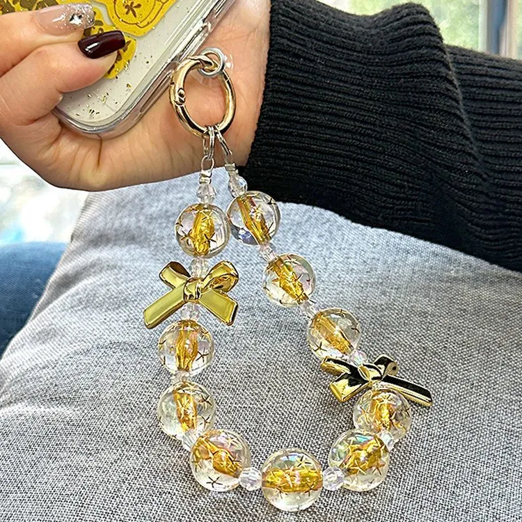 ins金色水晶珠手机链条挂绳钥匙扣通用挂饰防摔手机串珠链ccd链女