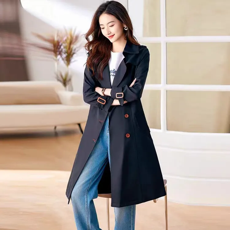 D092新款2025时尚翻领长袖收腰高级显瘦风衣女直筒秋季中长款外套
