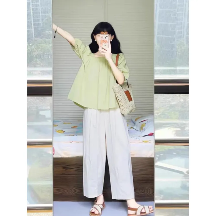 夏季洋气减龄方领泡泡袖女小个子宽松显瘦别致甜美短袖小衫+裤子