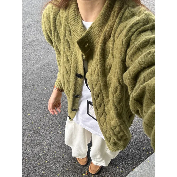 牛油果绿色毛衣开衫男女款秋冬季慵懒风针织衫cleanfit情侣装外套