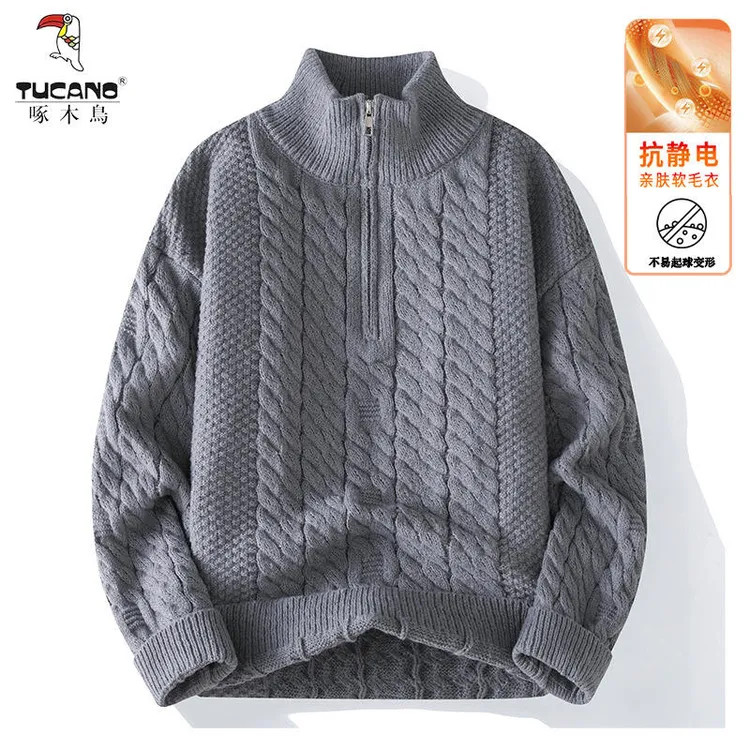 啄木鸟半高领麻花毛衣男士2025冬季新款时尚宽松加厚半拉链针织衫