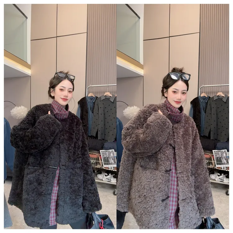 【衣橱典藏】单排长扣羊糕毛休闲宽松外套时尚毛毛加厚外套