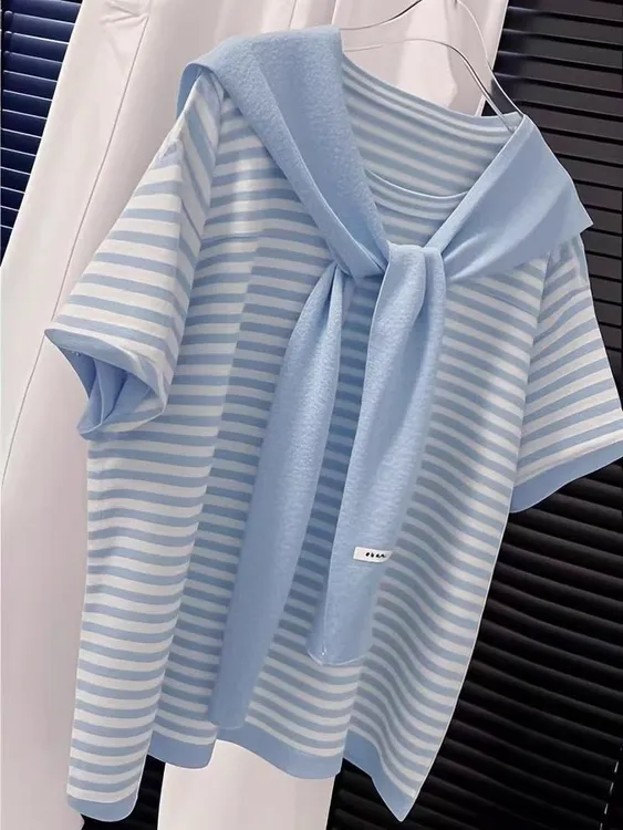 撞色条纹披肩冰丝针织衫短袖T恤女夏季新款洋气减龄宽松上衣26881