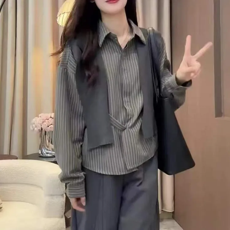 秋季新款韩版减龄气质休闲长袖衬衫搭配休闲裤套装