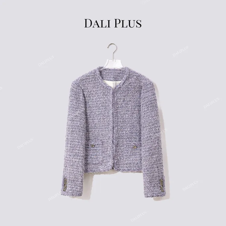 DALI PLUS“紫色拉毛”小香风圆领长袖粗花呢外套-D5CH4733