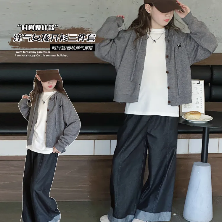 女童新款针织打底毛衣外套牛仔裤三件套儿童洋气童装韩版套装春秋