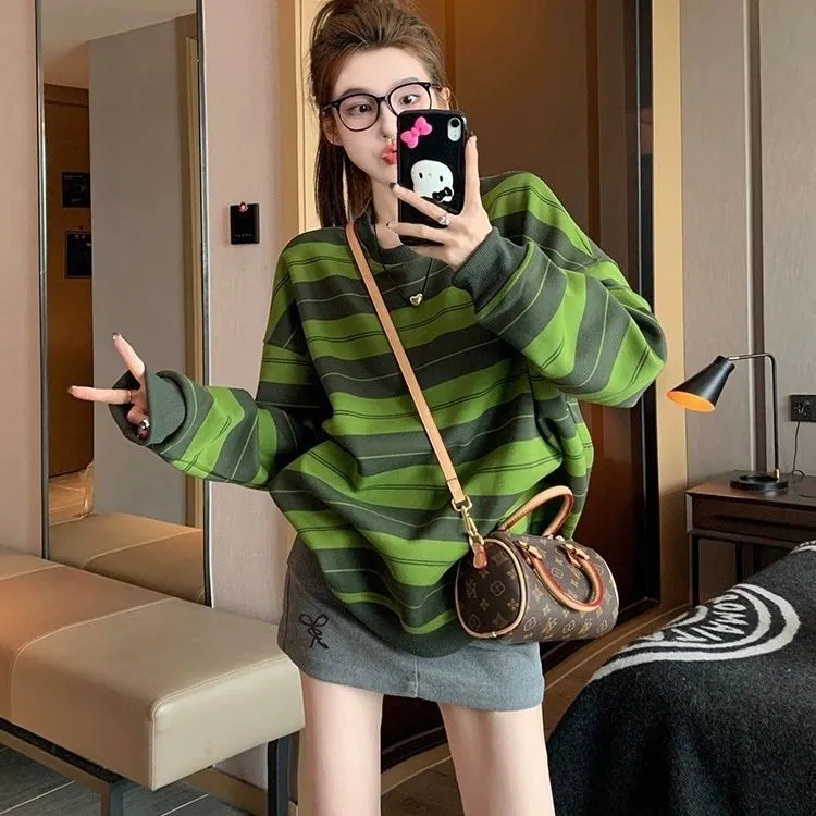 条纹卫衣2025新款2025美式复古慵懒圆领宽松套头上衣长袖