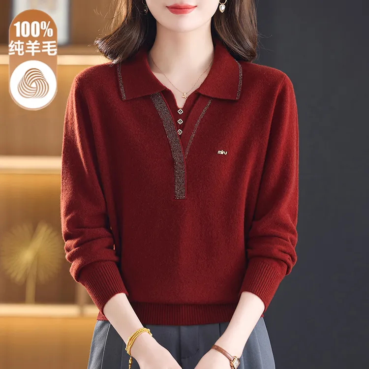羊毛衫女翻领毛衣针织衫中年妈妈装秋冬保暖高档100%纯羊毛打底衫