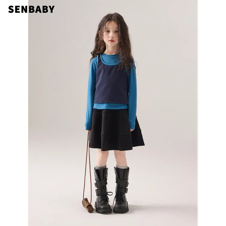 【磨毛两件套】senbaby女童打底衫洋气百搭蓝色系秋冬内搭上衣