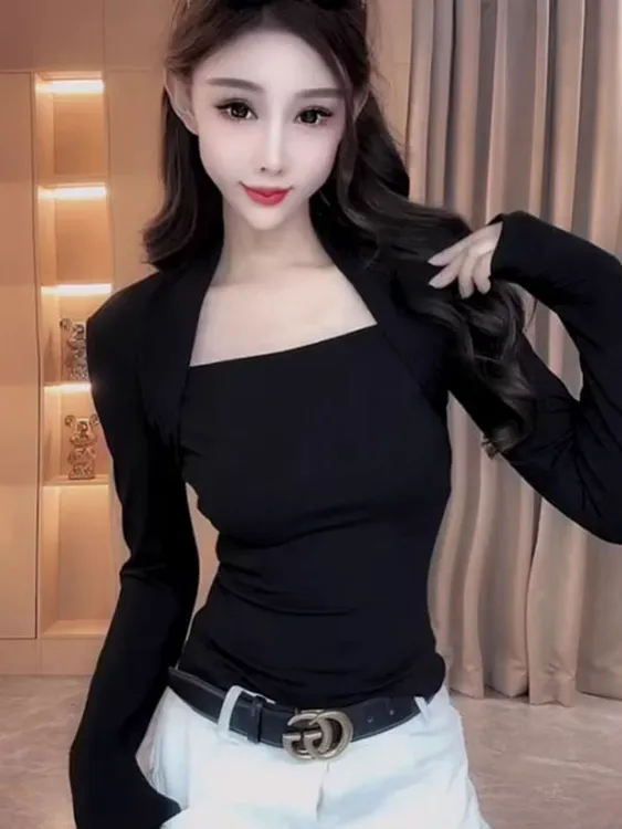 法式纯欲方领长袖T恤女秋季新款设计感修身显瘦洋气百搭休闲上衣