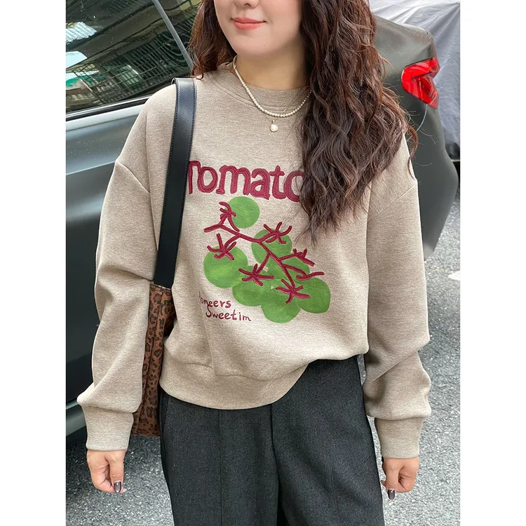 WenWen小个子重工小番茄印花刺绣卫衣2025新时尚百搭圆领上衣4435