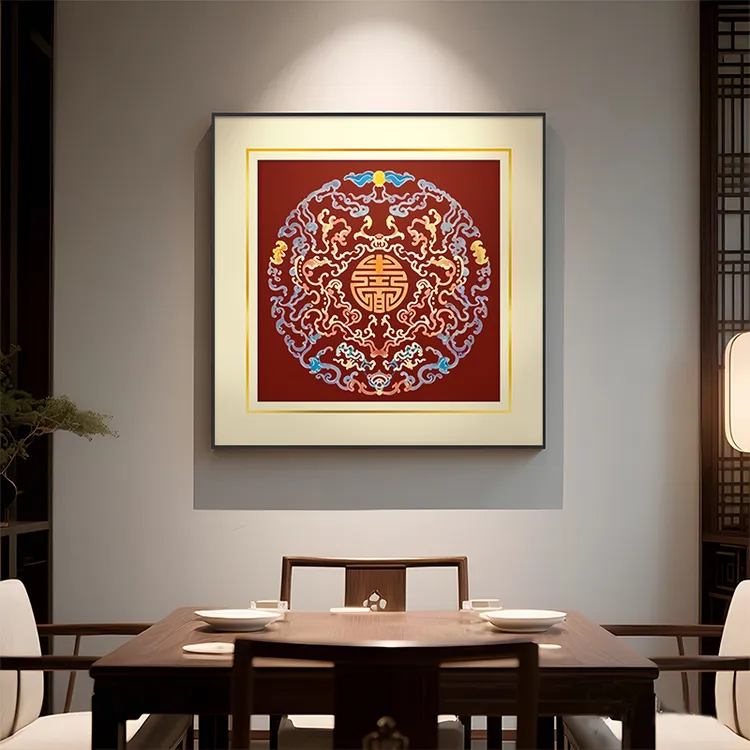 新中式寓意好餐厅挂画红色方形玄关装饰画高级感走廊过道壁画版画
