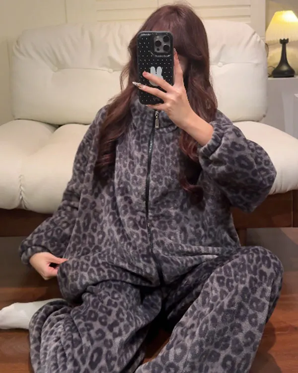 绝美超火豹纹新款睡衣女珊瑚绒冬季加绒加厚法兰绒家居服套装冬天