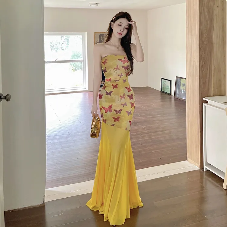 KaDaiShan 法式气质蝴蝶印花抹胸连衣裙夏季黄色纯欲网纱鱼尾长裙