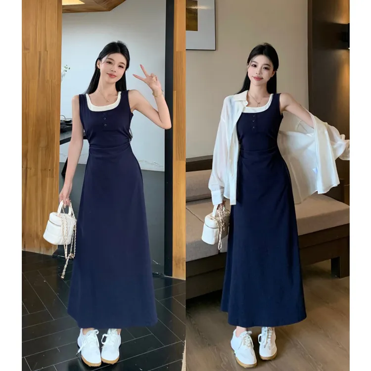 大码夏季宽松慵懒风长袖衬衫防晒拼接假两件吊带连衣裙气质穿搭