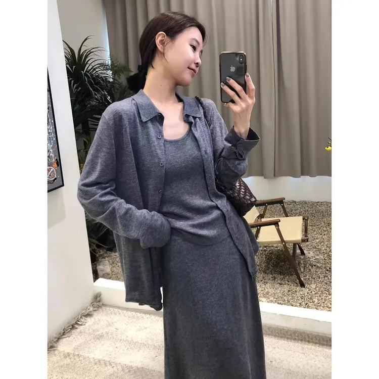 时尚套装衬衫上衣秋季吊带中长款法式长袖针织气质早秋显瘦