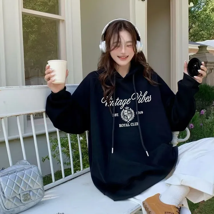 秋冬加绒连帽潮流韩版女士抽绳连帽卫衣宽松印花